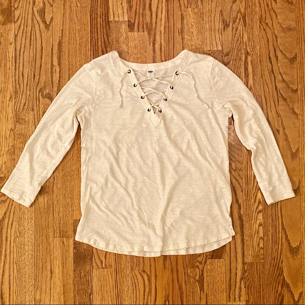 OLD NAVY-Cream Cotton Lace Up V-Neck Long Sleeves